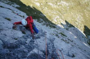 Climbing one of the brilliant long routes on the alpine wall of the Fresnidiello